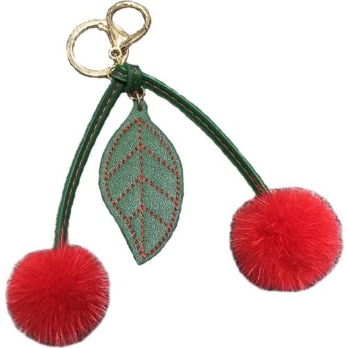 Fashion New Cute Fluffy Real Mink Fur Keychain Cherry Key-Ring Car PendantWoman Cute Bag-Accessories