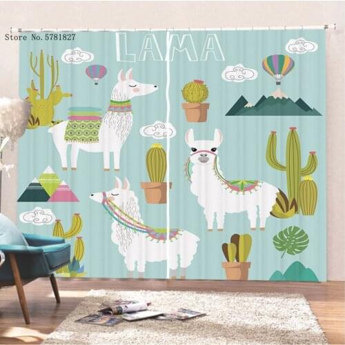 Alpaca Planet Ice Cream Window Curtains 3D Printed Cartoon Lovely Kawaii Window Drapes For Living Room Window Treatments Decor