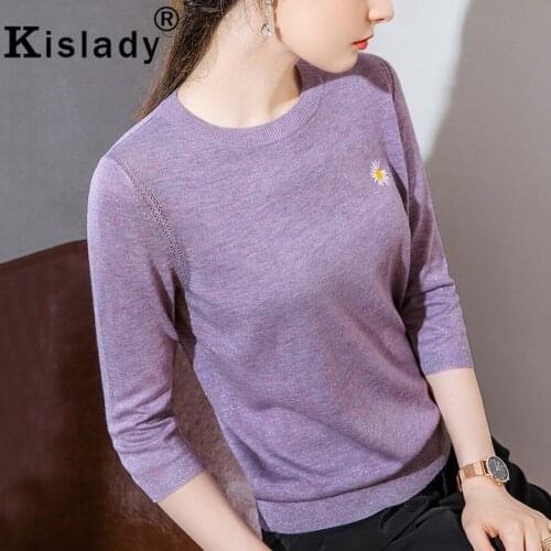 Autumn O-Neck Three Quarter Gothic Solid Shirt Sexy Elegant OL Patchwork Harajuku Embroidery Shirt Korean Knitted Tops Clothes