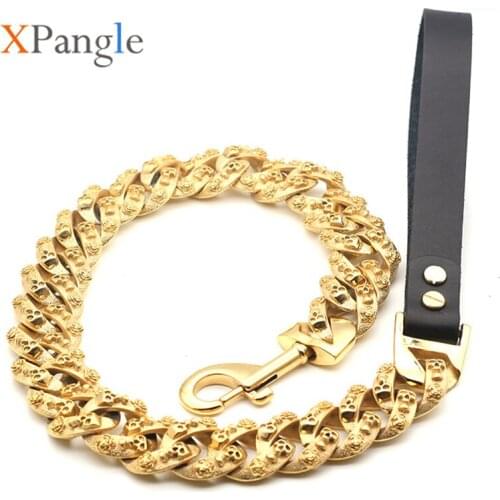XPangle 80cm Golden Plated Dog Leash for Medium Large Dogs Personalized Stainless Steel Chain Heavy Metal