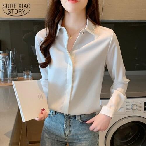 Korean Style Silk Women Shirt Satin Solid Womens Tops and Blouses Elegant Slim Office Lady Long Sleeve Women Shirts 10150