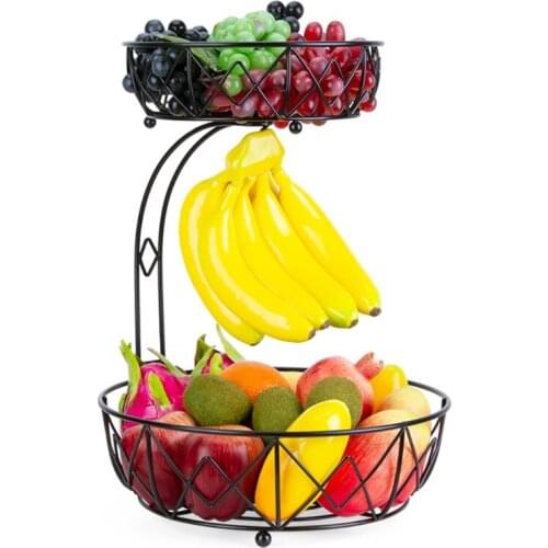 Modern Household 2-Tier Fruit Basket Bowl with Banana Hanger Hook Wrought Iron Double Layer Kitchen Countertop Vegetable