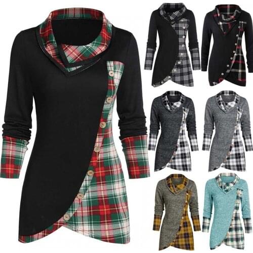JAYCOSIN Women Fashion Button Plaid Patchwork Sweatshirt Long Sleeve Scarf Collar Casual Tartan Tunic Sweatshirts Pullover Tops