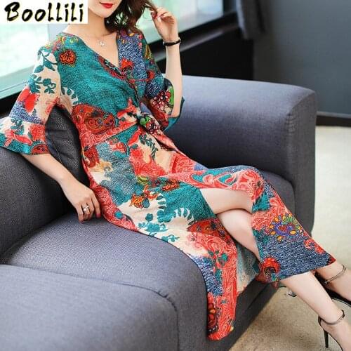Boollili Printing Korean Vintage Dress Elegant Spring Summer Dress Women Clothes 2020 Long Silk Dress Womens Dresses Vestidos