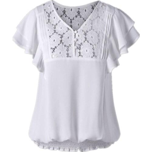 Women Sexy V Neck Short Sleeve Blouse Casual Lace Crochet Chiffon Shirt