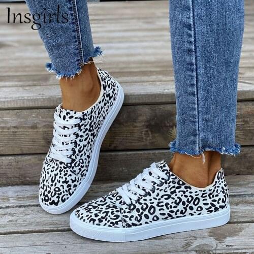 2021 Autumn Sneakers Women Leopard Print Ladies Lace Up Casual Canvas Shoes Running Walking Sport 35-43 Large-Sized Flats