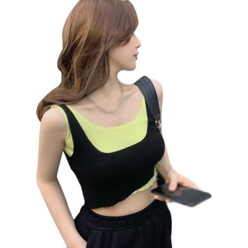 Women Camisoles Designer Patchwork Fake Two-pieces Tanks Sleeveless Tops Ulzzang Chic Vest