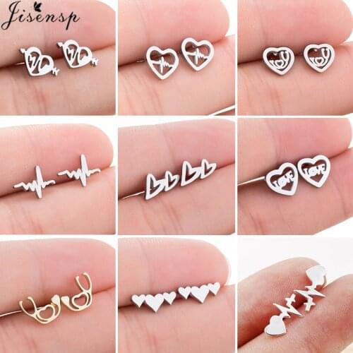 Jisensp Stainless Steel Love Heart Stud Earrings for Women Girls Minimalist Stethoscope Heartbeat Earings Jewelry Christmas Gift
