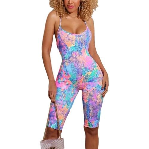 Womens Printed Sports Jumpsuit Fitness Summer Fashion Sexy Backless Sleeveless Slim Fit Bodysuit Gym Tracksuit Sportswear