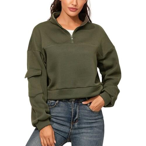 New Women Sweatshirt 2020 Fashion Solid Color Long Sleeve Tops with Pocket Ladies V-neck Zipper Pullovers for Sping Fall