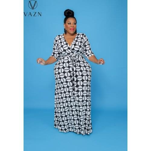 VAZN 2021 Autumn Plus Size Classic Retro Free Young Sexy Chiffon Deep V-Neck Full Sleeve Long Dress Women For Evening Robe