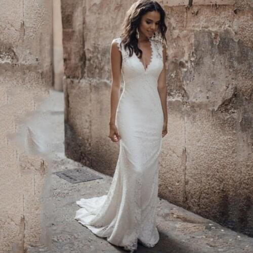 Robe De Mariee Mermaid Lace Wedding Dress 2020 Deep V-neck Gowns Bridal Dresses vestido de noiva Beach Open Back