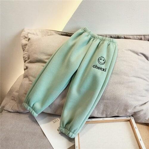 Winter New Childrens Smiley Letter Embroidery Velvet Thickened Long Section Casual Pants
