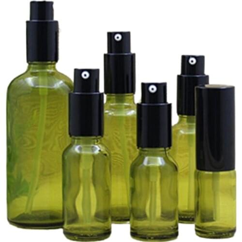 5ml ~100ml Lotion Cream Bottles Olive Green Glass Liquid Essential Oil Bottle Refillable Emulsion Serum Press Pump Bottle 15pcs