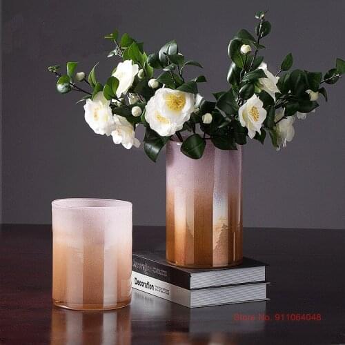 2021 Cylindrical Gradient Brown Glass Flower Vases Creative Living Room Decoration Tabletop Flower Arrangement Hydroponic Vase
