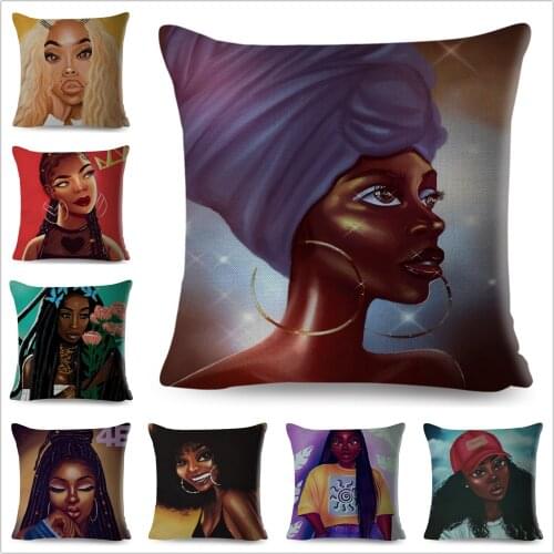 Black Women Beautiful Africa Girl Pillow Case Polyester Decor Colorful Cartoon Cushion Cover for Sofa Car Home Pillowcase 45x45