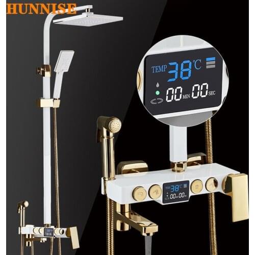 Hot and cold bathroom shower system waterfall rainfall shower faucet white gold modern bathroom shower system digital screen Tap