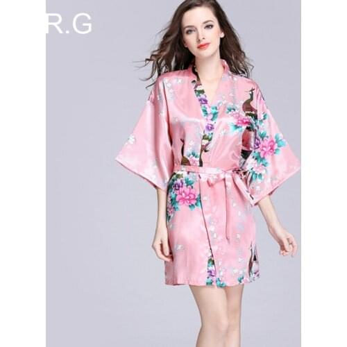 RG Elegant Flower Peacock Printed Nightgown Bath Robe Femme Half Sleeve Women Faux Silk Pajamas Big Plus Size 2XL Tracksuit 2018