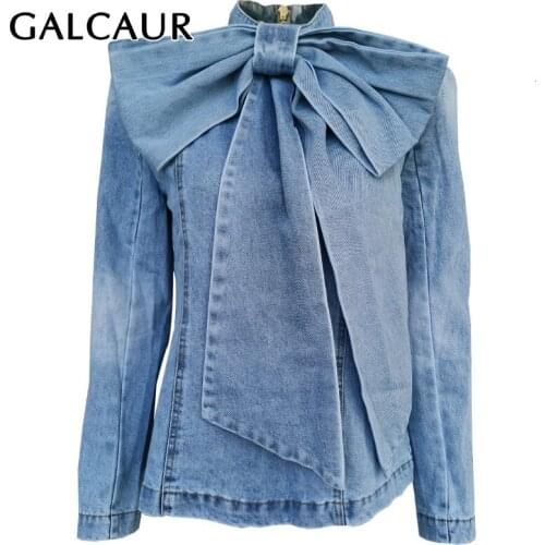 GALCAUR Patchwork Bow Denim Womens Jacket Stand Collar Long Sleeve Vintage Ruched Jackets For Female 2020 Fashion Clothes New
