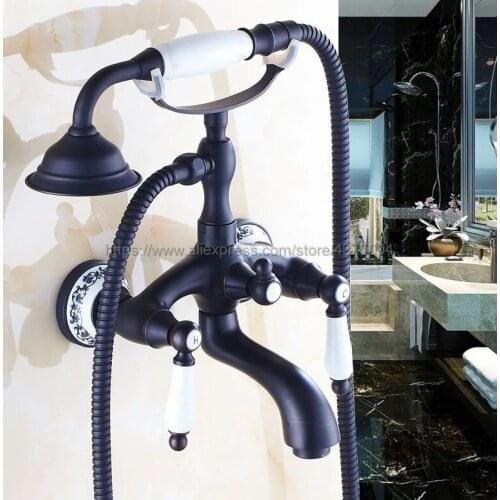 Black Oil Rubbed Brass Bathtub Faucets Hand Rain Shower Head Tap Luxury Ceramic Telephone Wall Bath Faucet Ntf532