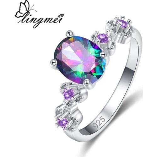Lingmei New Oval Multi Purple & Sea Blue Pink CZ Silver Color Ring Size 6 7 8 9 Beautiful Wedding Women Jewelry Engagement