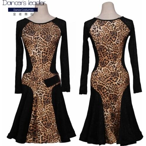 New Latin dance practice clothes Leopard pattern practice skirt black lace dress performance clothing pleated skirt