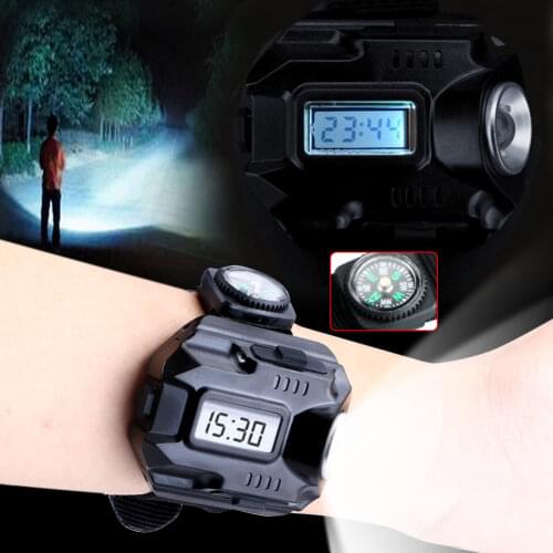 Powerful led Flashlight Tactical LED Display Rechargeable Wrist Watch Flashlight Waterproof Torch With clock mini-compass