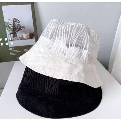 Womens Summer Hat Cotton Bucket Hat Sun Protection Cap Female Zebra Pattern Net Yarn Breathable Flat Top Beach Packable Sun Hat