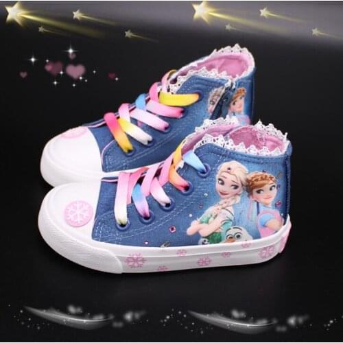 Girls Canvas Shoes Frozen Aisha Princess Girls Denim Shoes Spring Board Shoe Big Kids Casual Single Shoes Lace-Up Anti-Slippery
