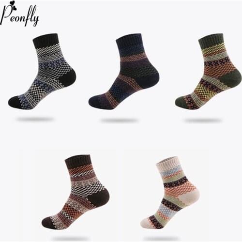 PEONFLY Printing Striped Small Plaid Vintage Nation Harajuku Casual Men Dress Socks Autumn Winter Warm Thick Wool Cotton Socks