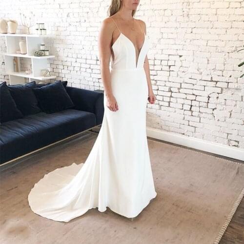Simple Boho Wedding Dress Deep V-neck Spaghetti Straps Robe De Mariee Mermaid Style Elastic Satin Sexy Vestido De Casamento