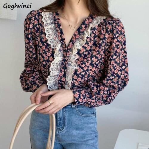 Floral Shirts Women Spring Lace Fresh Korean Style V-neck Puff Sleeve French Stylish Retro Loose Lady All-match New Tops Female