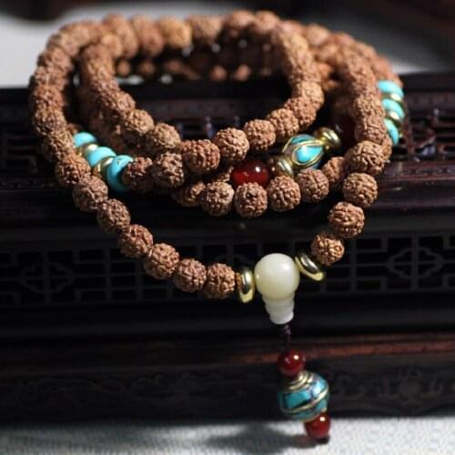 Rudraksha Bodhi Seeds 108 Rosary Round Beads Bracelets Buddha Prayer Wood Japa mala Bracelet
