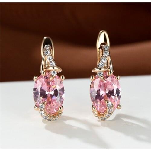 Rose Gold Color Wedding Earrings Multicolor Zircon Charm Crystal Hoop Earrings Pink Red Blue White Oval Stone Earrings For Women
