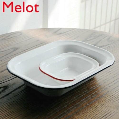 Retro Red And Blue Edge Thickened Rectangular Enamel Plate Solid Color High-End Dessert Plate Ramen Bowl