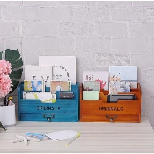 Vintage Wood Desktop Organizer Books Storage Holder Document File Folder Box Office Stationery Accessories