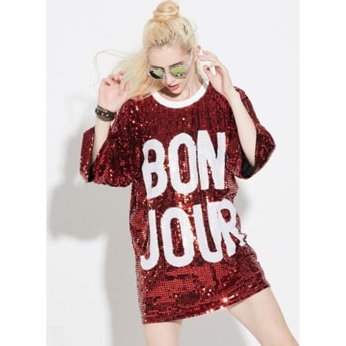 Women O-Neck 3/4 Sleeve Loose Logo Sequin T-shirt Dress Summer Streetwear Hip-Pop Mesh Oversized Casual Long Tee Bon Jour