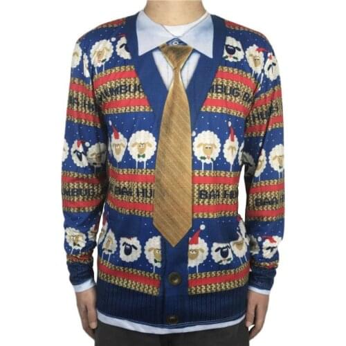 Funny Sheep Print Christmas T Shirt for Men Cute Mens 3D Print Cardigan Fake Two Piece Polyester Long Sleeve Ugly Xmas Tshirts