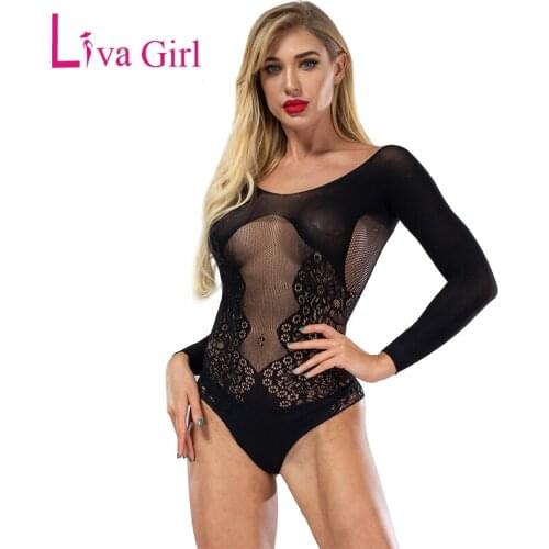LIVA GIRL Black Floral Lace Mesh Women Bodysuit Sexy Transparent Bodycon Body Tops Female Long Sleeve Jumpsuit Bodysuit Feminine
