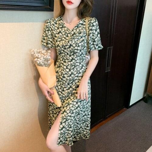 Fashion French Short sleeve long floral split dress womens summer 2021 new slim skirt