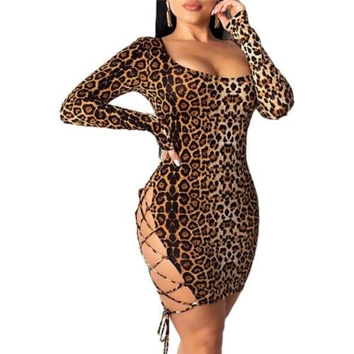 US Women Sexy Long Sleeve Bandage Bodycon Evening Party Club Mini Dress Leopard Print Back Skinny Dress
