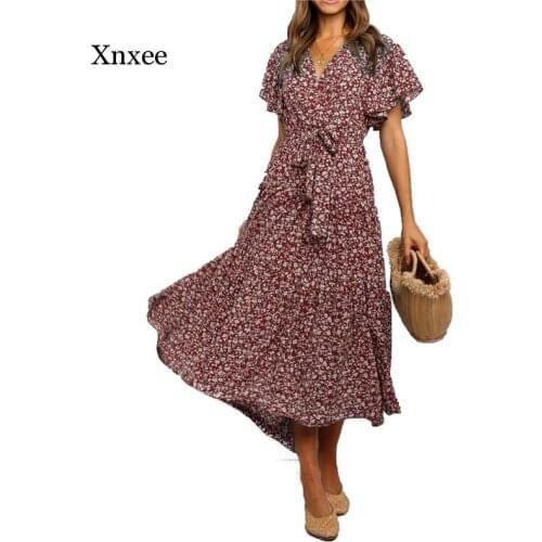Deep V-neck Floral Printed Women Wrap Dress Irrgular Chiffon Lace Up Boho Beach Holiday Midi Dresses Ladies Maxi Sundress