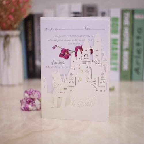 10pcs/lot pocketfold Wedding invitation Cards three folded card and laser cut castle pocket Greeting invitations cover for party