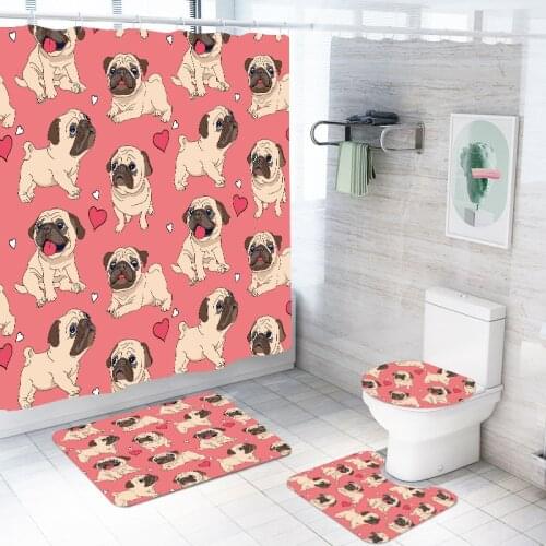 3/4 Pieces Cartoon Dogs Shower Curtains Sets Pug Pet Dogs Kits Bathroom Set 3D Print Bulldog Christmas Gift Bathroom Sets