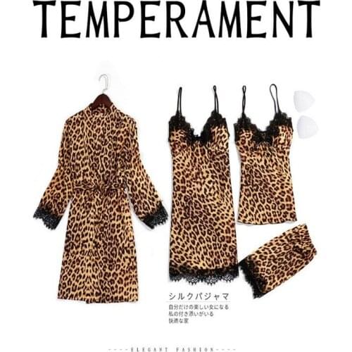 4Pcs Set Sexy Leopard Print Lingerie Exotic Sets Women Good Quality Soft Custom Sleepwear Lace Underwear Sexy Nightgown