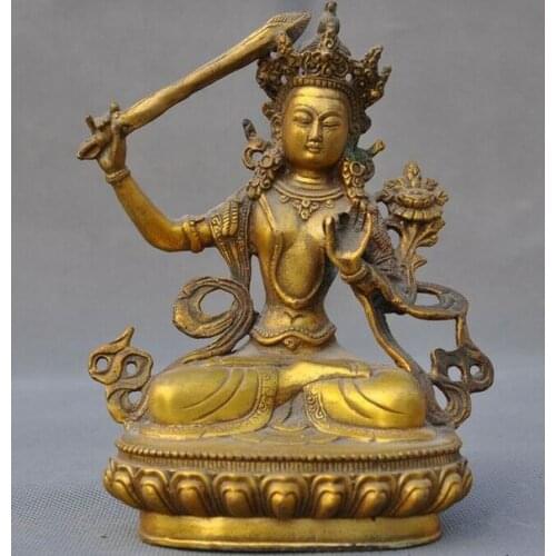 6"Tibet bronze Buddhism Tantric Hold sword Manjushri tara Kwan-Yin Buddha statue