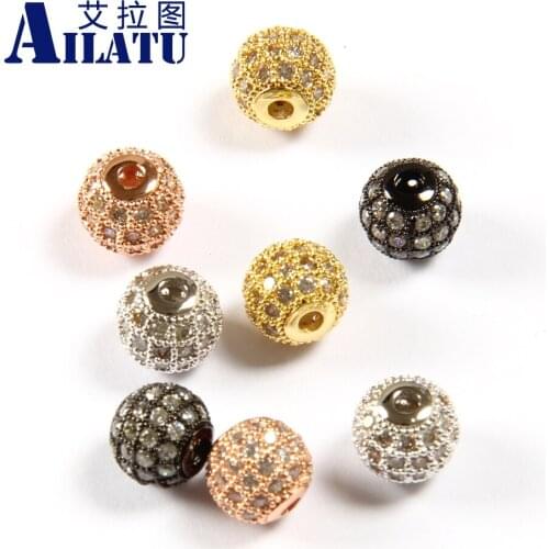 Ailatu 8mm Brass Ball Accessories with 4 line Micro Paved Clear Cz Decorated for DIY Jewelry Bracelet or Necklace