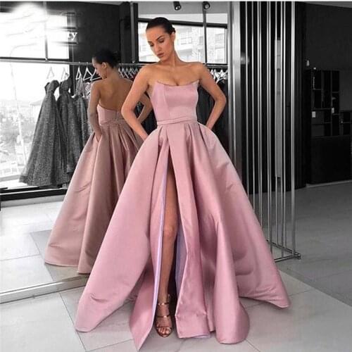 Blush Pink Simple Prom Dress Strapless A-line Satin Front Split Robe De Soiree Custom Made Special Occasion Party Gowns Cheap