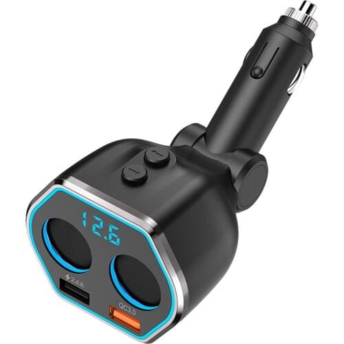 Car Charger Cigarette Lighter Splitter 2 Sockets + 2.4A USB Port + Quick Charge 3.0 Power Outlet Adapter with LED Voltmeter