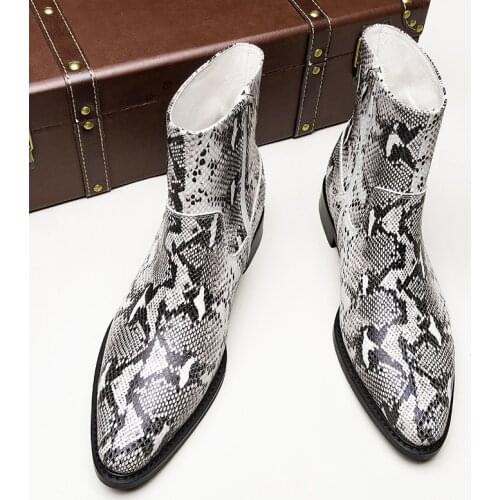 Fashion Serpentine Genuine Leather Men Boots Pointed Toe Snake Texture Ankle Boots Hight End Casual Boots Man Shoes